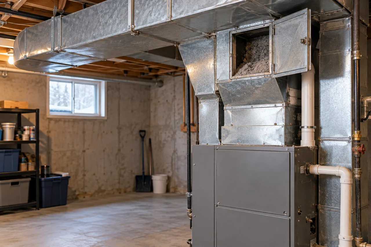 Fournaise et conduits principaux en tôle galvanisée dans le sous-sol d'une maison québécoise